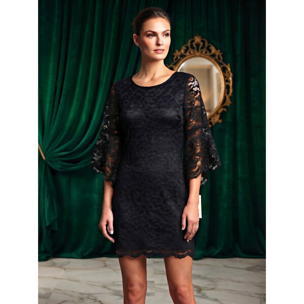 Jody California 90s Black Floral Lace Shift Dress Sheer Lined 3/4 Bell Sleeve